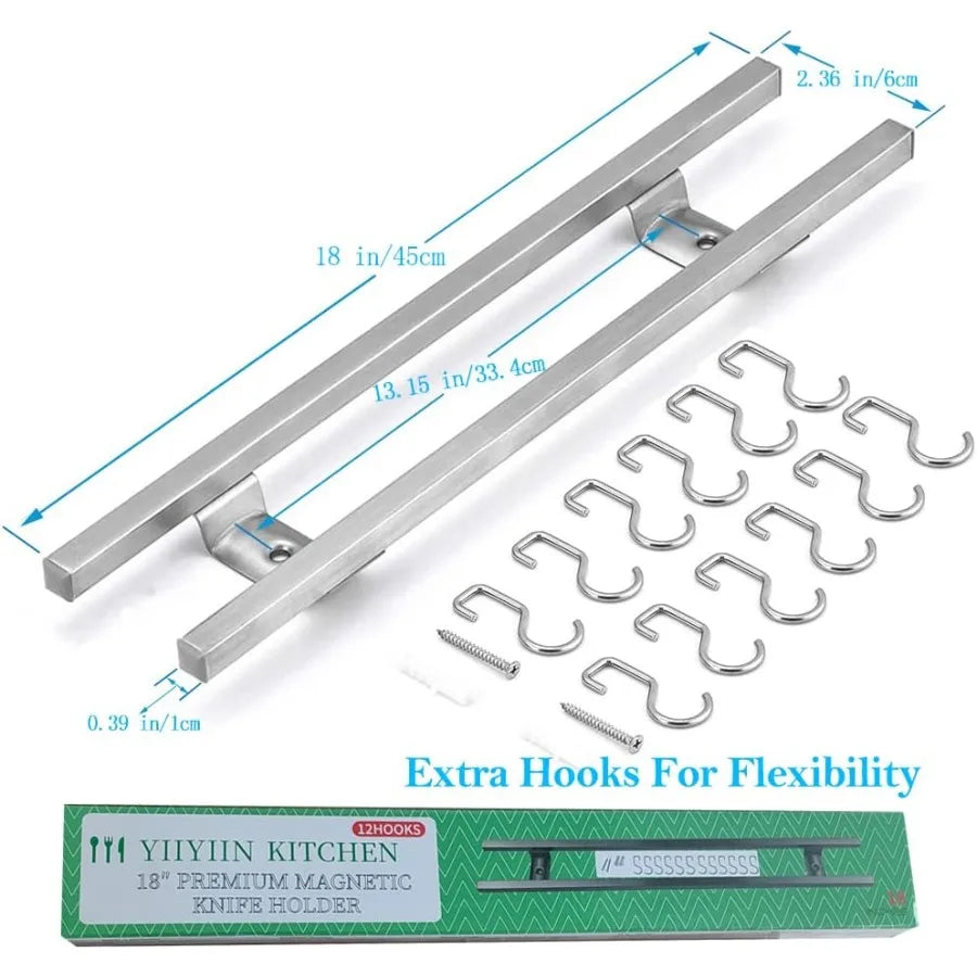 18 Inch Magnetic Knife Holder for Wall MountMagnetic Knife Strips with 12 Hook304 Stainless Steel Wall Magnetic Knife Bar RackK