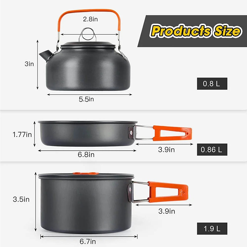 Camping Cookware set, 2-3 people set, Non-stick assorted pots, Travel Tableware Outdoor Picnic & Teapot