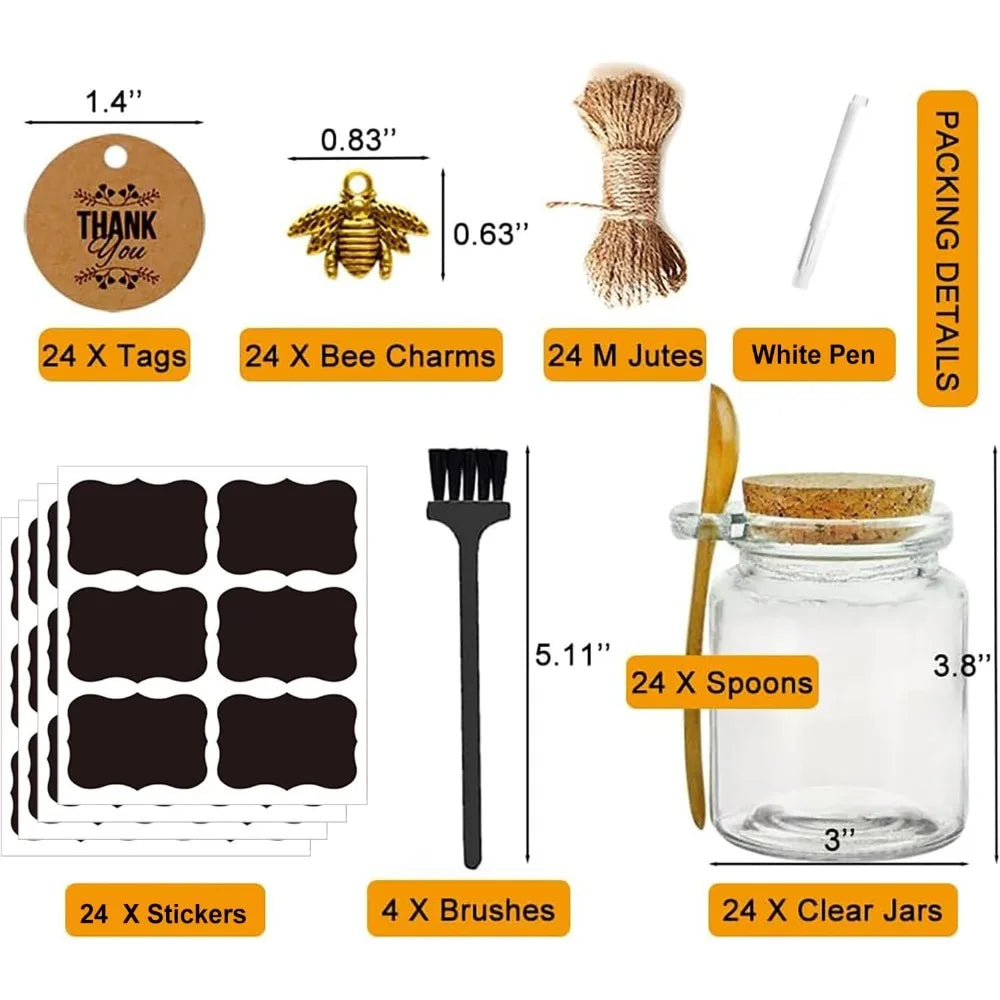24 8oz Glass jars, Sugar Scrubs, Bath Salts, honey scrubs, body butter jars w/corks, Canning Spice Jar with Bamboo Spoon,, Labels