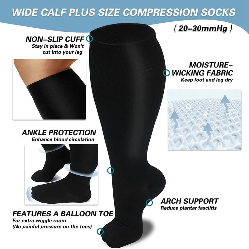 Unisex Compression Socks for Varicose Veins Support and Pain Relief Knee High Stockings for Running Sports and Travel Plus
