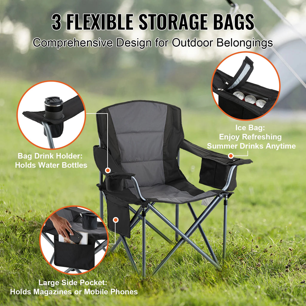 SucceBuy Camping Folding Chair for Adults, Portable Quad Lumbar Back, Padded Arm Chairs with Side Pockets for Beach, Lawn, Picnic