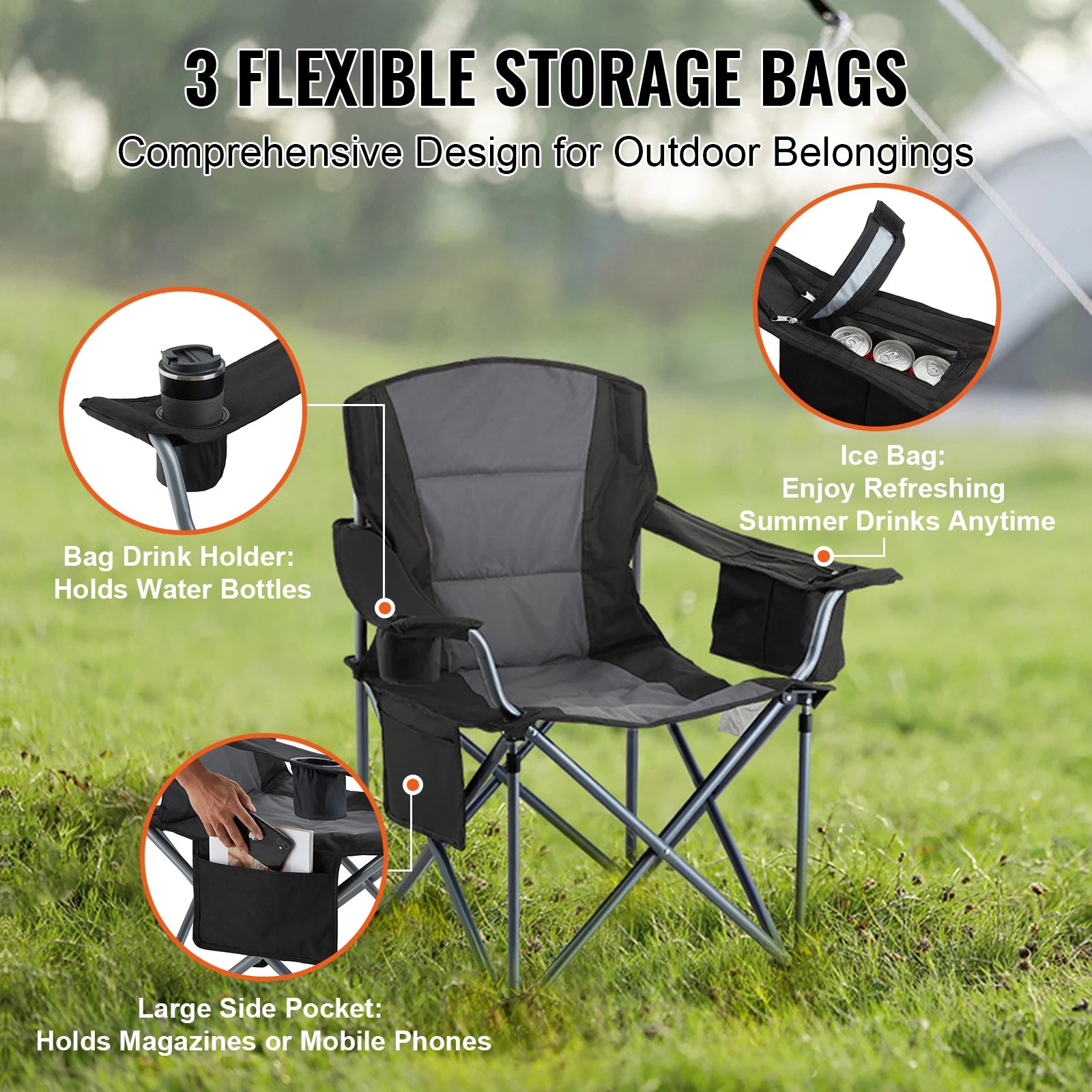 SucceBuy Camping Folding Chair for Adults, Portable Quad Lumbar Back, Padded Arm Chairs with Side Pockets for Beach, Lawn, Picnic
