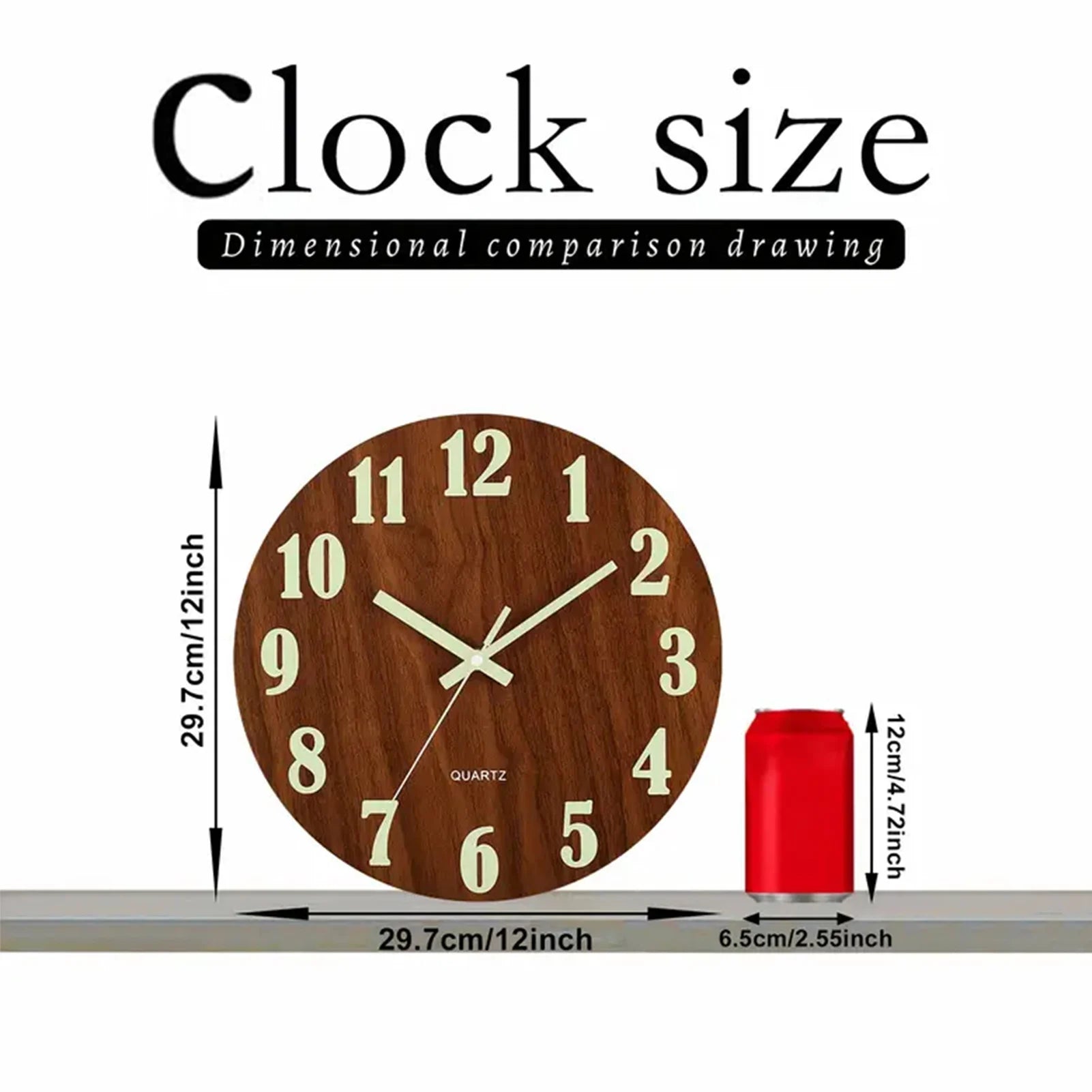 12 Inch Wooden Simple Luminous Wall Clock Silent Non Ticking Analog Clock Wall Decoration for Living Room Bedroom Office Decor