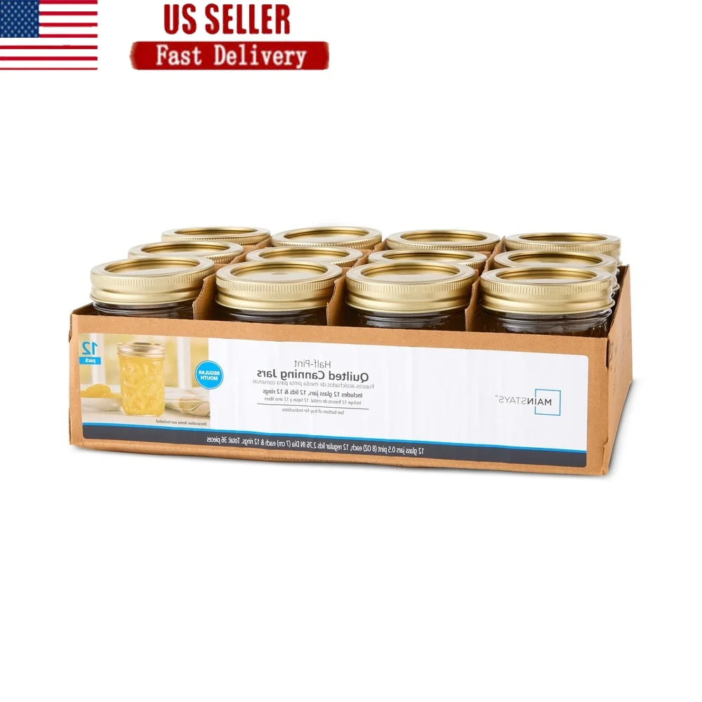 12 pack 8oz Clear Quilted Glass Canning Jars, regular mouth Airtight Seal Dishwasher Safe Jams Pickles Sauces Preserving