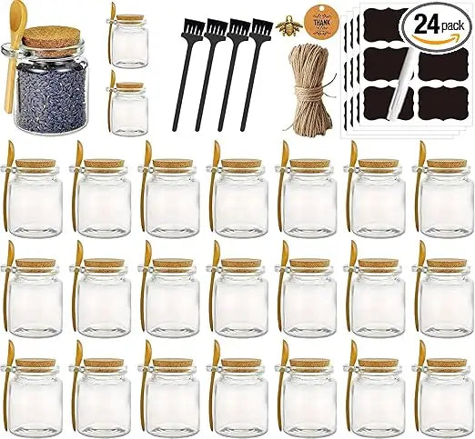 24 8oz Glass jars, Sugar Scrubs, Bath Salts, honey scrubs, body butter jars w/corks, Canning Spice Jar with Bamboo Spoon,, Labels
