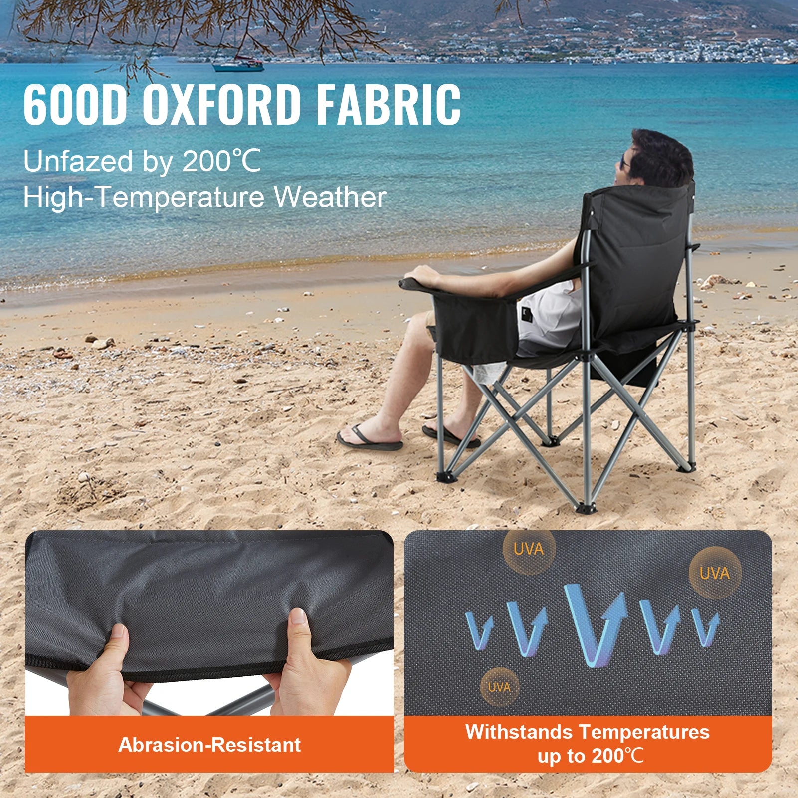 SucceBuy Camping Folding Chair for Adults, Portable Quad Lumbar Back, Padded Arm Chairs with Side Pockets for Beach, Lawn, Picnic
