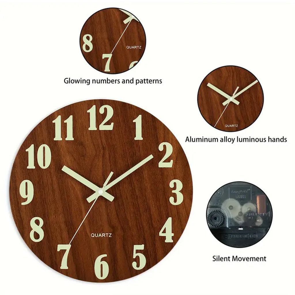 12 Inch Wooden Simple Luminous Wall Clock Silent Non Ticking Analog Clock Wall Decoration for Living Room Bedroom Office Decor