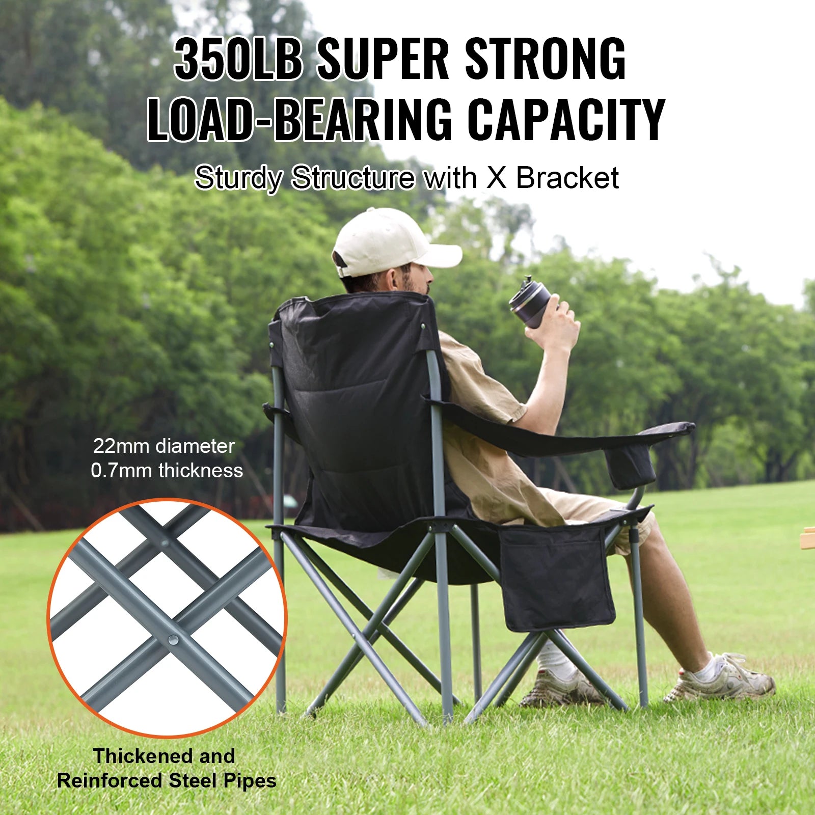 SucceBuy Camping Folding Chair for Adults, Portable Quad Lumbar Back, Padded Arm Chairs with Side Pockets for Beach, Lawn, Picnic