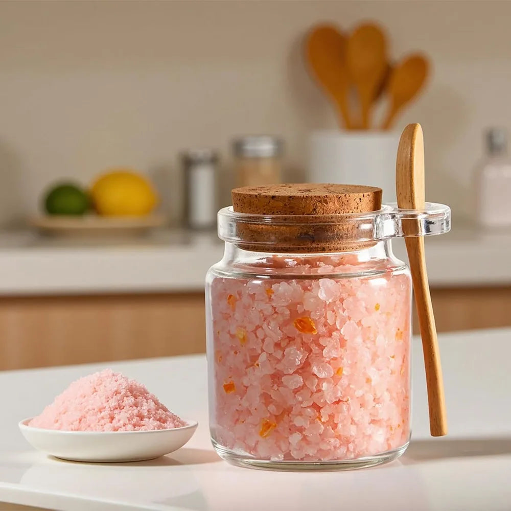 24 8oz Glass jars, Sugar Scrubs, Bath Salts, honey scrubs, body butter jars w/corks, Canning Spice Jar with Bamboo Spoon,, Labels