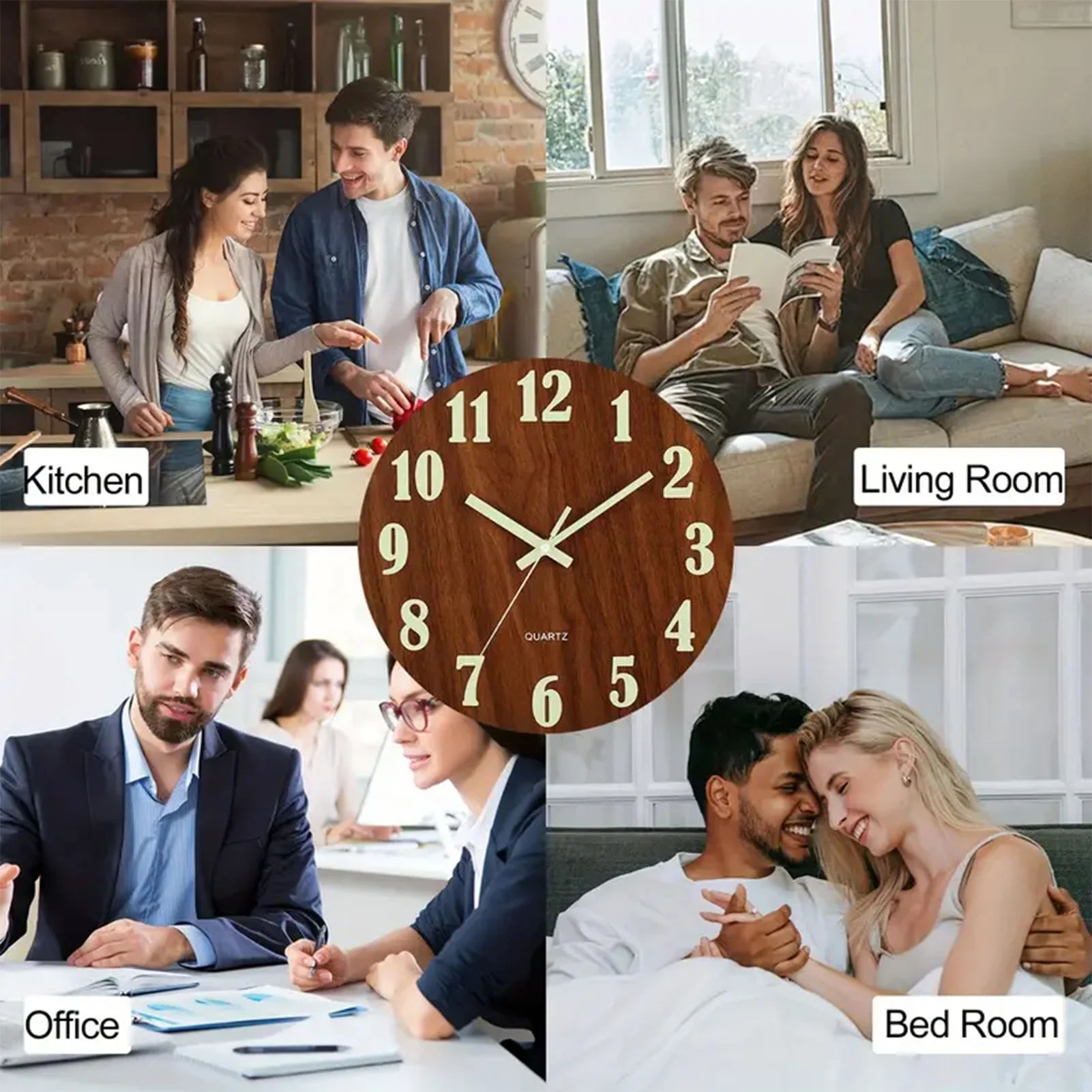 12 Inch Wooden Simple Luminous Wall Clock Silent Non Ticking Analog Clock Wall Decoration for Living Room Bedroom Office Decor