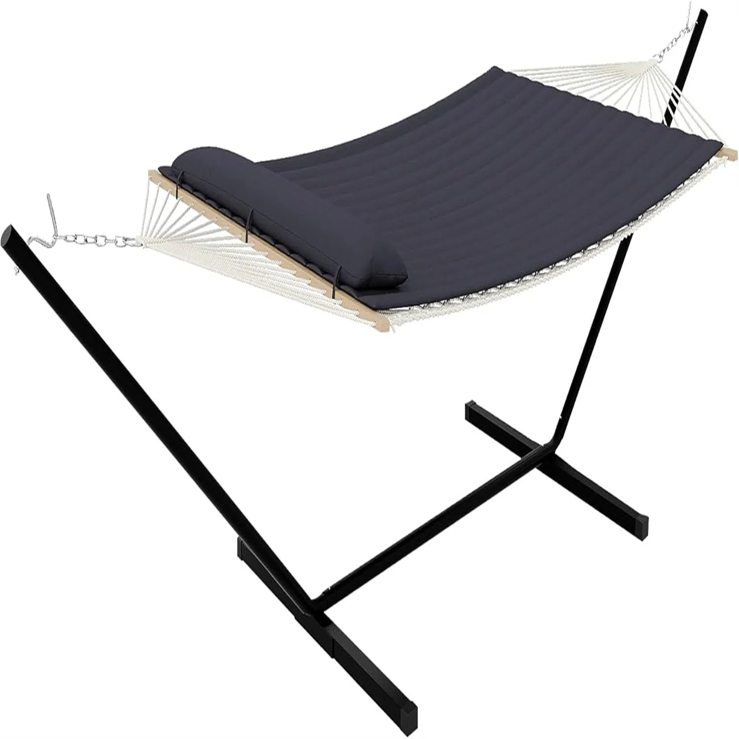 Double Hammock with Stand,2 Person Heavys Duty 475 Lbs Capacity, Breathable Cotton Rope & Quilted Pad for Adventure,Camping