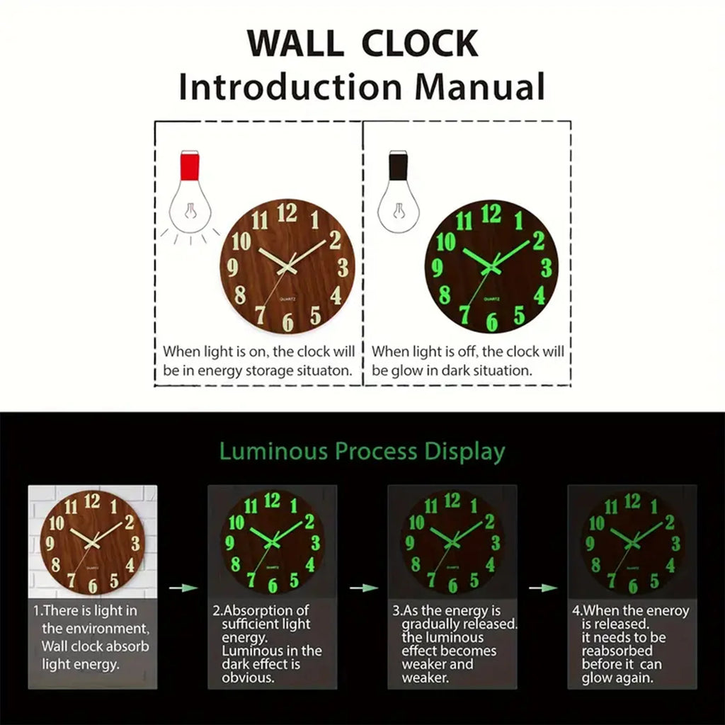 12 Inch Wooden Simple Luminous Wall Clock Silent Non Ticking Analog Clock Wall Decoration for Living Room Bedroom Office Decor