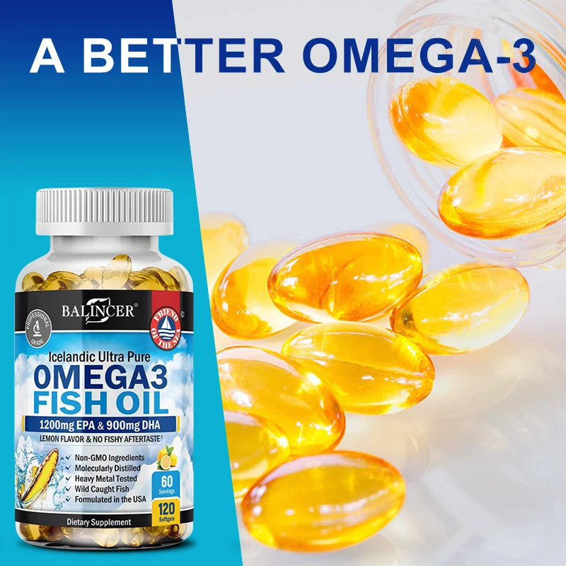 Fish Oil Omega 3 Contains EPA 1200mg & DHA 900mg - for Joints, Eyes, Cognitive Supplement, Non-GMO, Gluten Free