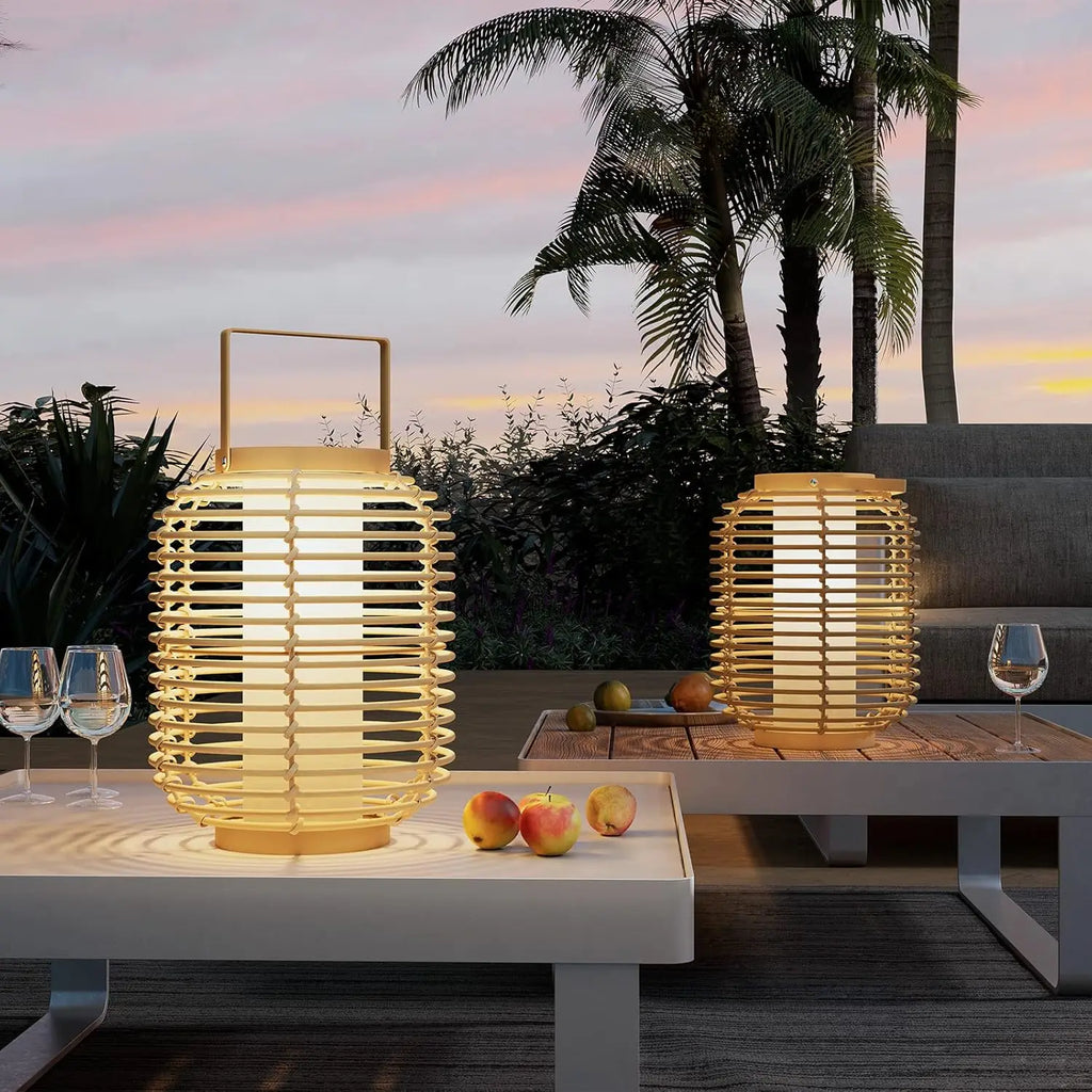 Outdoor Solar Powered Floor Lamp Set of 2, 14-inch Wicker Woven LED Lamp, Water-Resistant Garden Light, Boho Style