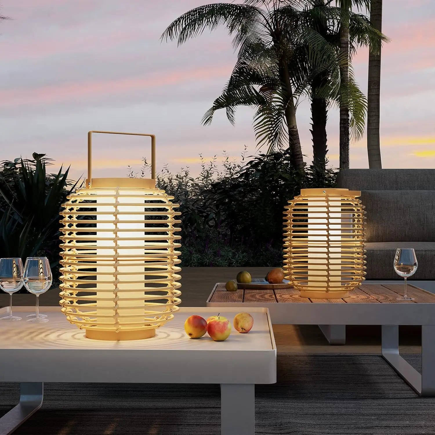 Outdoor Solar Powered Floor Lamp Set of 2, 14-inch Wicker Woven LED Lamp, Water-Resistant Garden Light, Boho Style