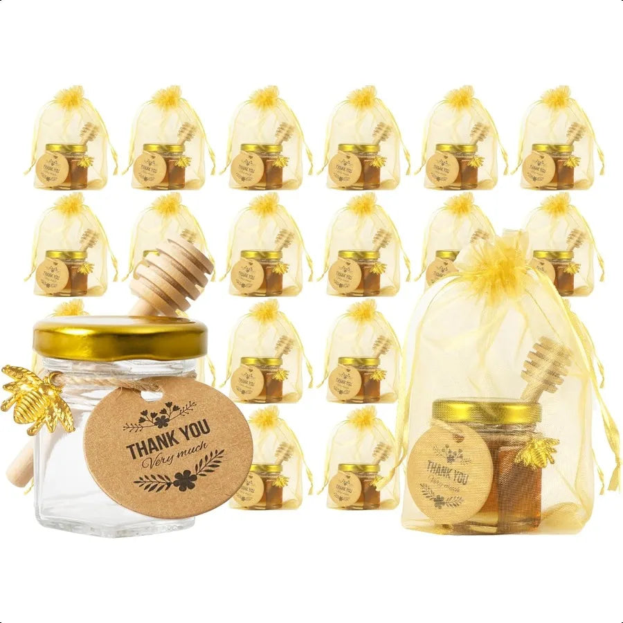 1.5oz 24 Pack Mini Glass Hexagon Canning Jars, Gold Lid, Bee Charms Pendant, Honey Dipper Sticks, Gold Gift Bags, Thank You Gif