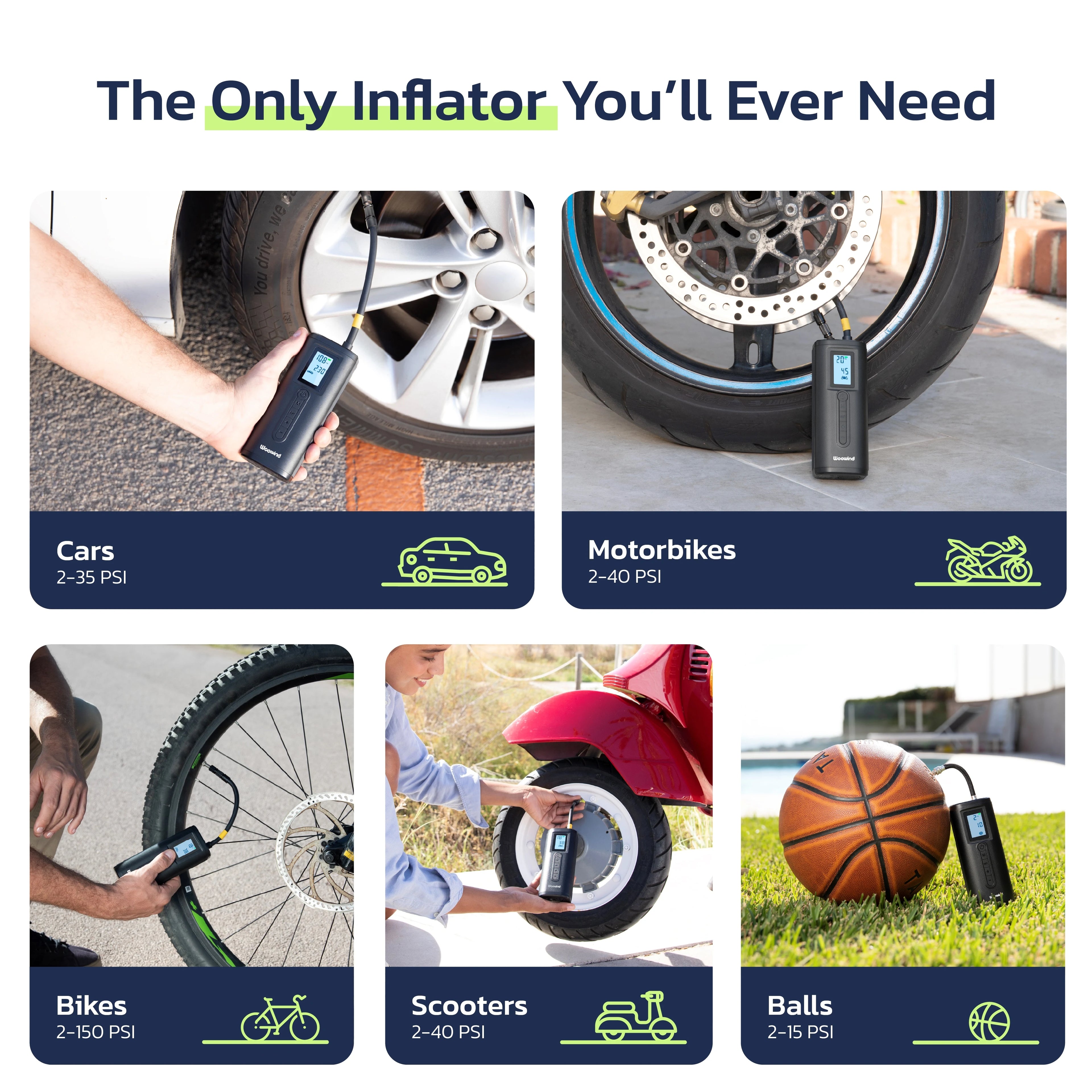 Woowind AP2-P Tire Inflator, 150PSI Portable Air Compressor, Air Pump for Car Tires, & Bikes, Quick Inflation