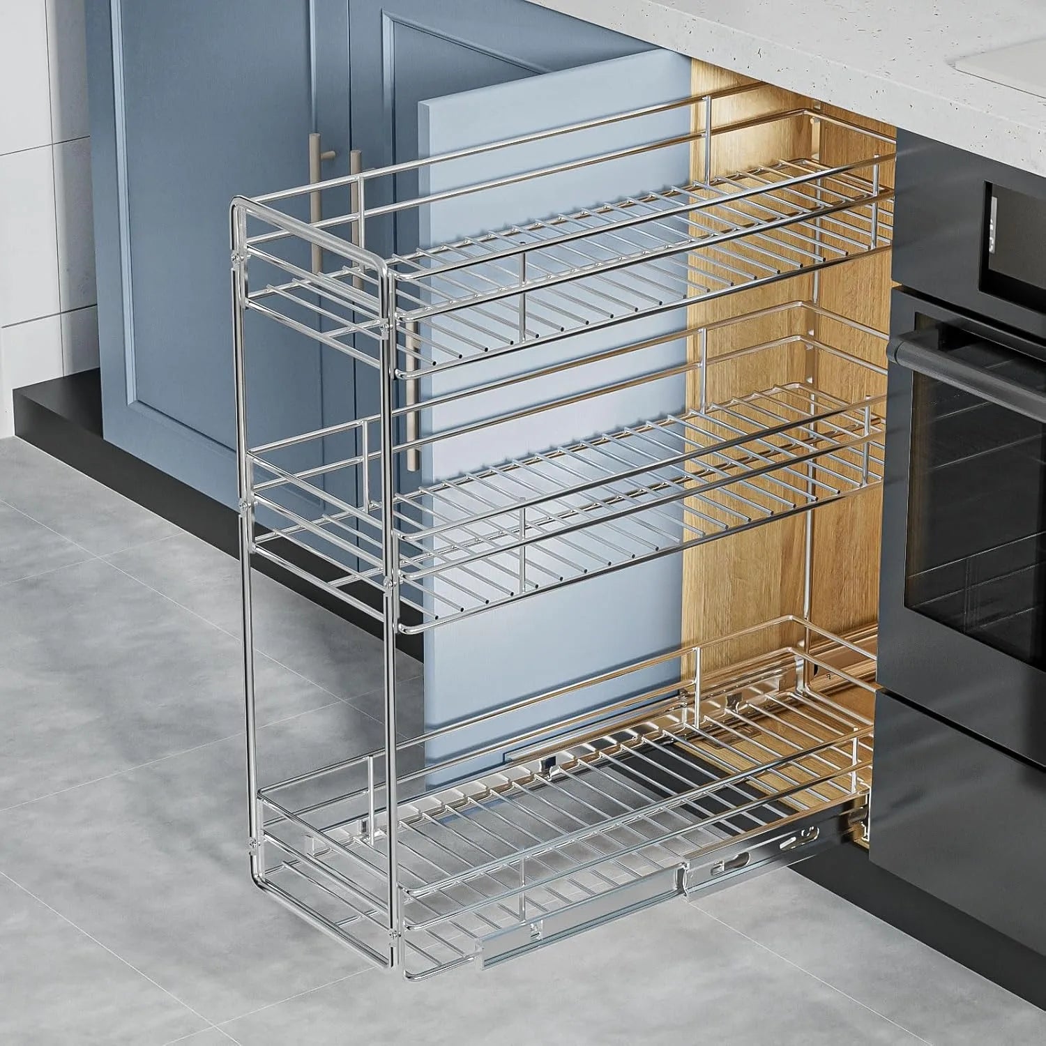 3-Tier Pull Out Cabinet Organizer for Narrow Cabinet (8.5" W X 20.5" D), Kitchen Cabinet Organizer and Storage Cabinet Pull Out