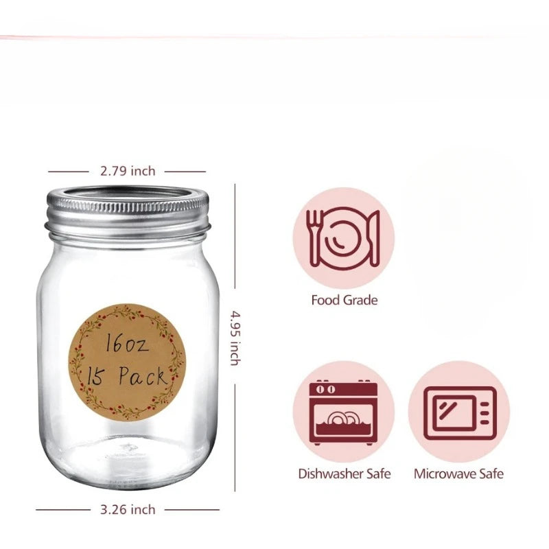 15 pack 16 oz clear glass pint canning jars, regular mouth jars Airtight Lids and Bands,