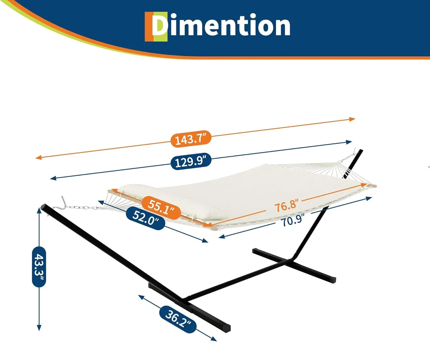Double Hammock with Stand,2 Person Heavys Duty 475 Lbs Capacity, Breathable Cotton Rope & Quilted Pad for Adventure,Camping