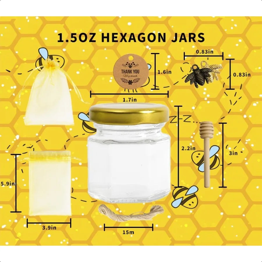 1.5oz 24 Pack Mini Glass Hexagon Canning Jars, Gold Lid, Bee Charms Pendant, Honey Dipper Sticks, Gold Gift Bags, Thank You Gif