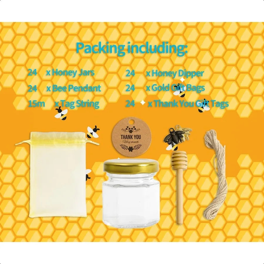 1.5oz 24 Pack Mini Glass Hexagon Canning Jars, Gold Lid, Bee Charms Pendant, Honey Dipper Sticks, Gold Gift Bags, Thank You Gif
