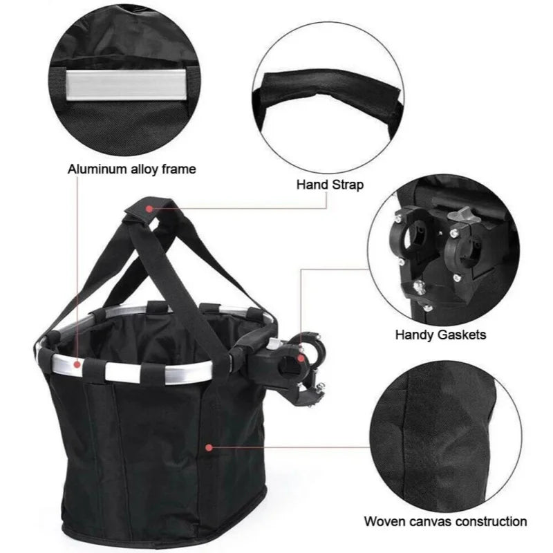 Bicycle Front Basket, Small Pet Dog Carry Pouch, 2in1 Detachable, MTB Cycling Handlebar Tube Hanging, Fold Baggage Bag 5KG Load